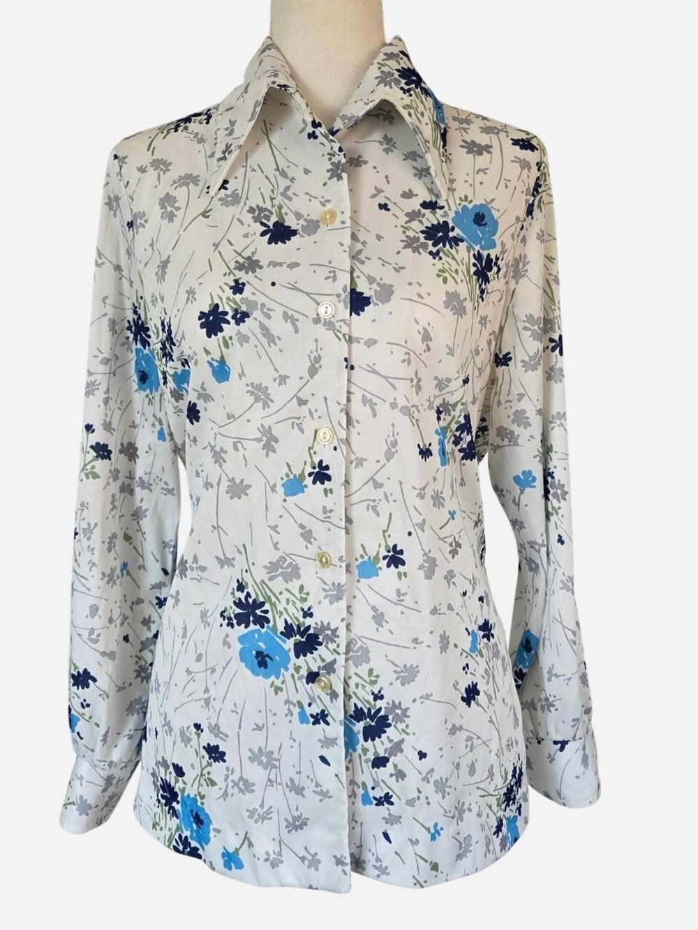 Vintage 70s dagger collar shirt women's floral white blue size 38